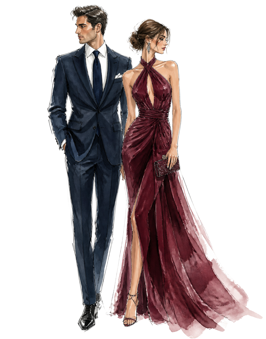 Croqui de moda em aquarela de um casal vestido para um casamento sofisticado