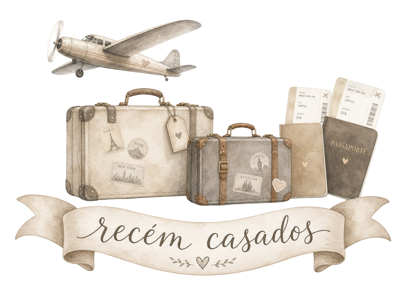 Ilustração em aquarela de avião, malas de viagem, passaportes com passagens e faixa com a inscrição recém casados